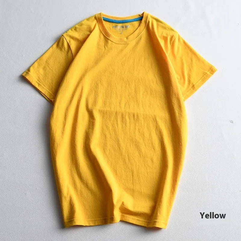 Men's solid colour cotton round neck t-shirt on hanger showing short sleeve design