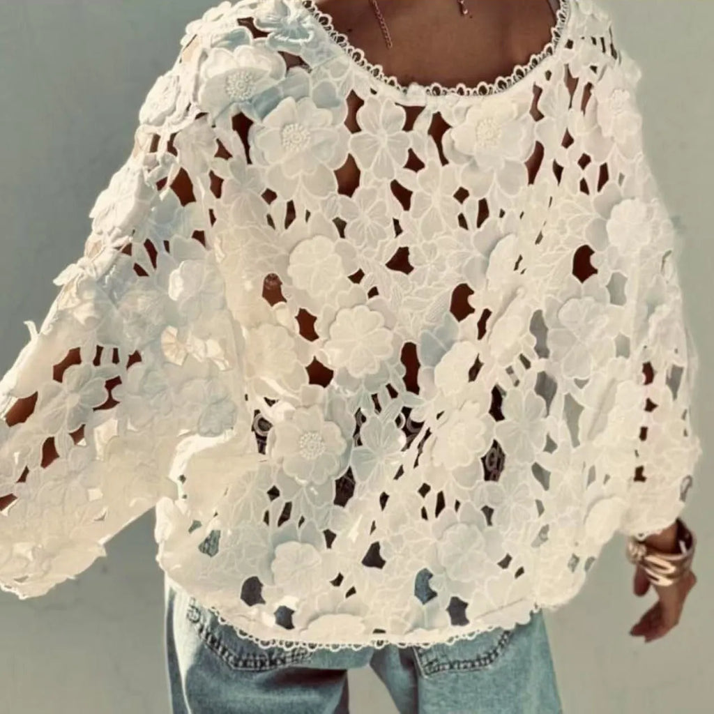 Black lace cardigan with three-dimensional flower decoration and V-neck design