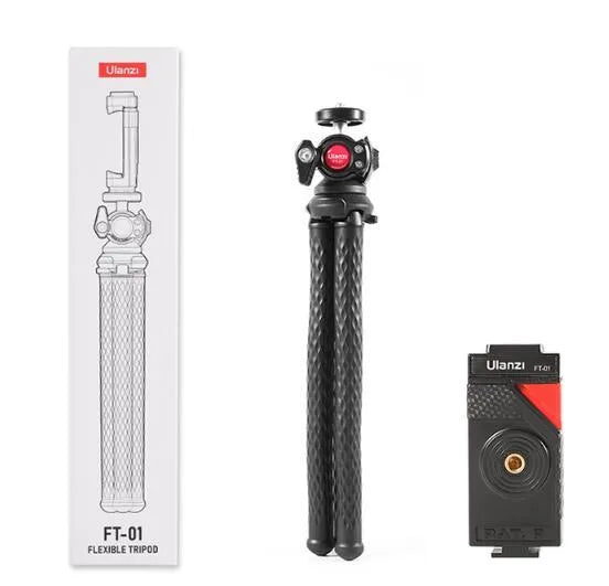 Black octopus leg tripod with extended aluminium shaft and attached mobile phone clip