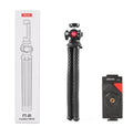 Black octopus leg tripod with extended aluminium shaft and attached mobile phone clip
