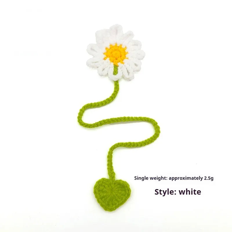 Hand-crocheted wool bookmark with daisy motifs on flexible wire in multiple colour options