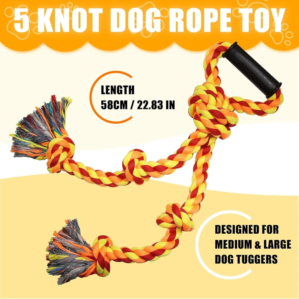Blue and yellow woven cotton rope dog tug toy with a handle, shown next to a large dog.