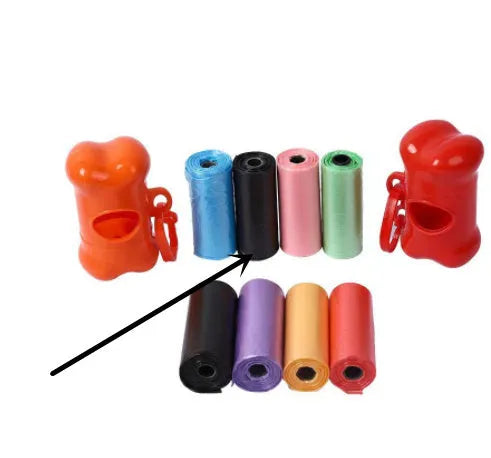 Roll of handled dog poop bags in assorted colours showing dimensions of 22.5 by 30 centimetres
