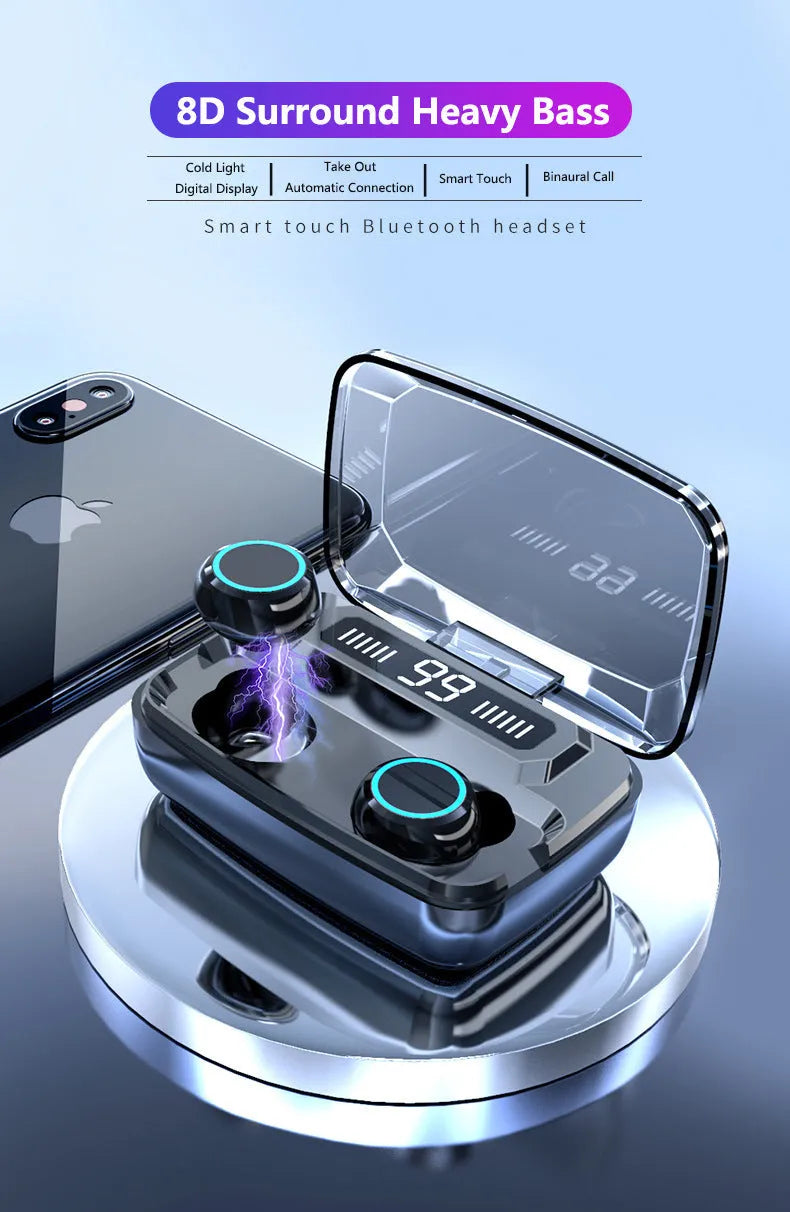 Black M11 style Bluetooth wireless headset with digital power display next to its charging case.