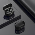 Black stereo Bluetooth headset with earplug design featuring Bluetooth 5.0 and 10-metre wireless range