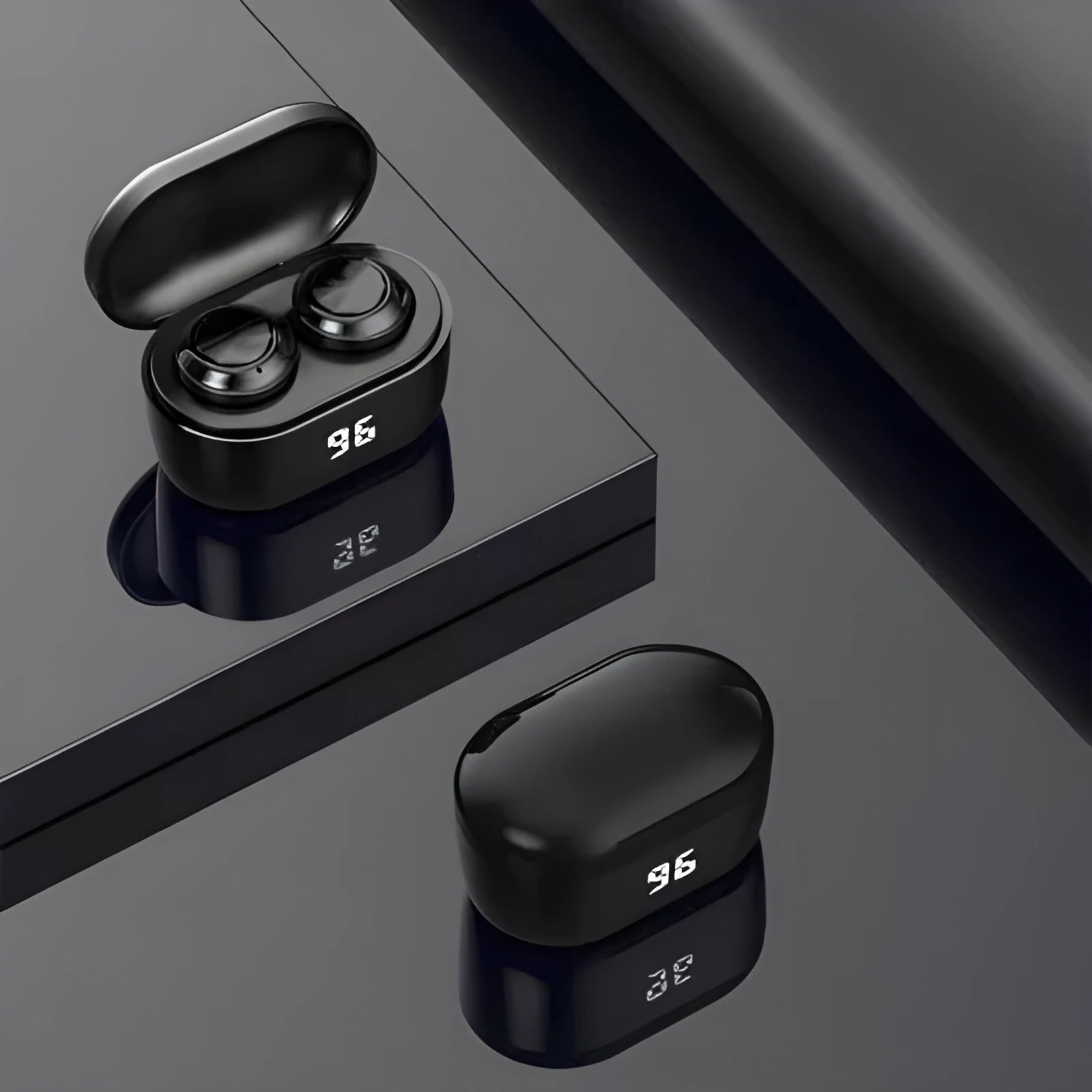 Black stereo Bluetooth headset with earplug design featuring Bluetooth 5.0 and 10-metre wireless range