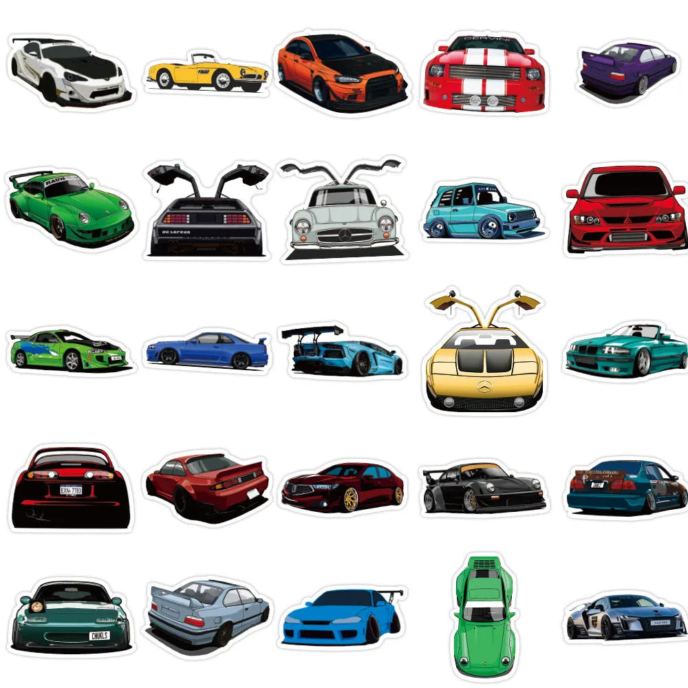 50 modified racing car graffiti stickers with strawberry cow pattern for luggage and laptop decoration