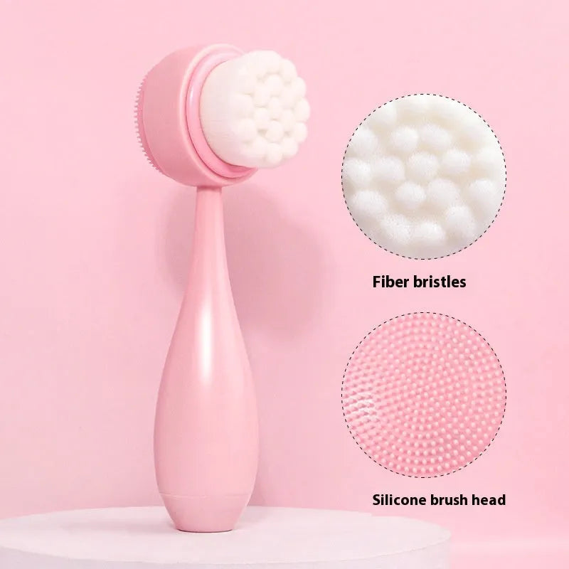 Facial brush set with coral fleece hair band, nylon bristle brush, and plastic toothbrush in purple, grey, white, or pink colours