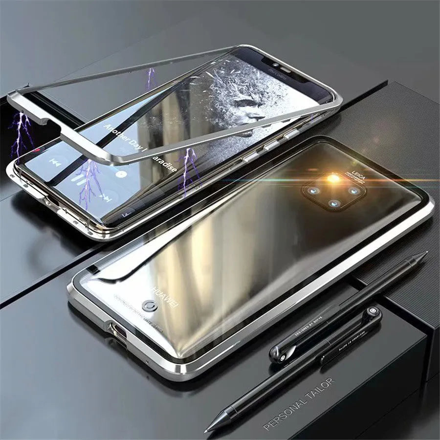 Magnetic phone case with metal frame and tempered glass back for Huawei Honor phones