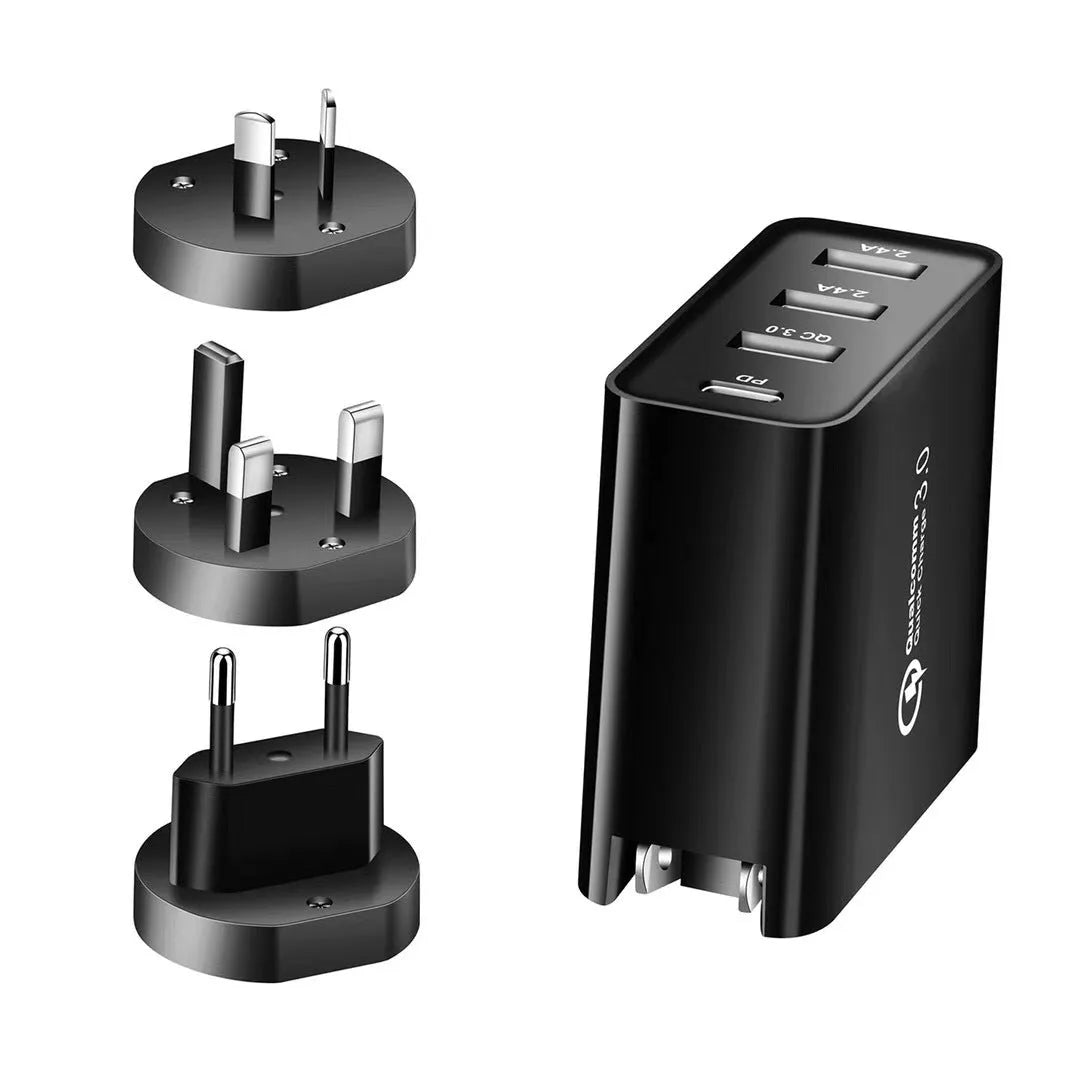 White fast charge mobile phone charger with multiple USB ports showing UK plug