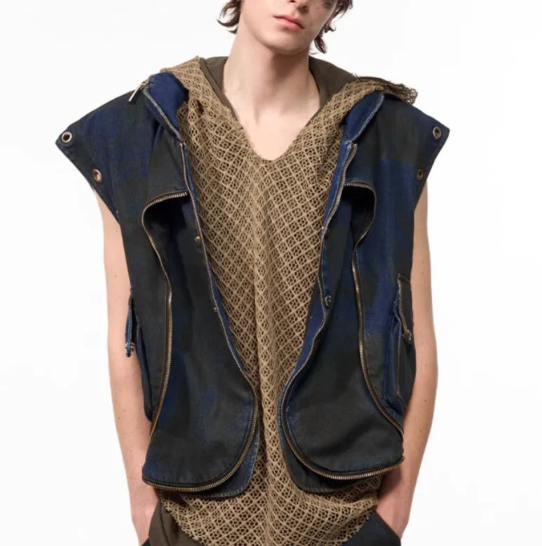 Blue hooded denim vest coat with matching trousers men's casual outfit set Korean style