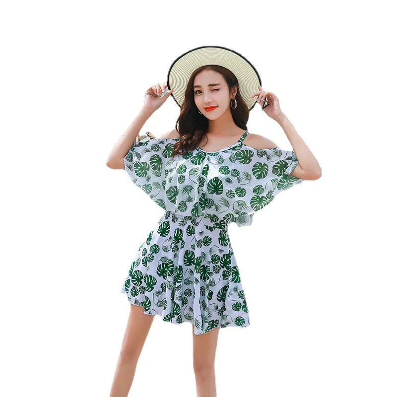 Women's one-piece solid colour polyester swimsuit in Green Leaf style
