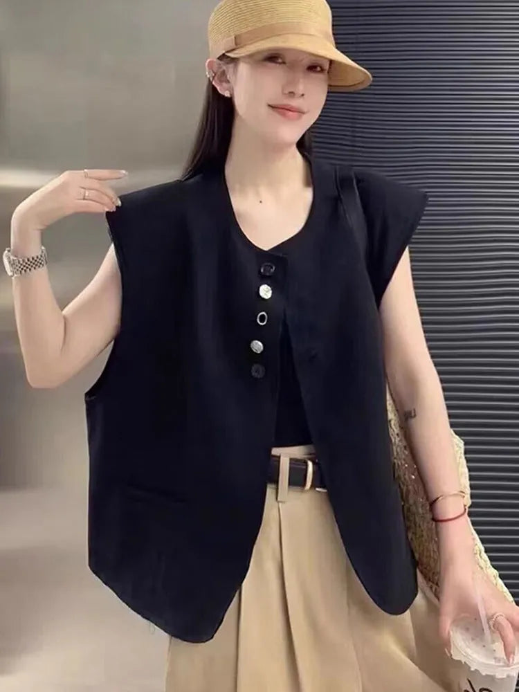 Women's loose fit polyester vest with pocket in milky white or black, 40cm short length
