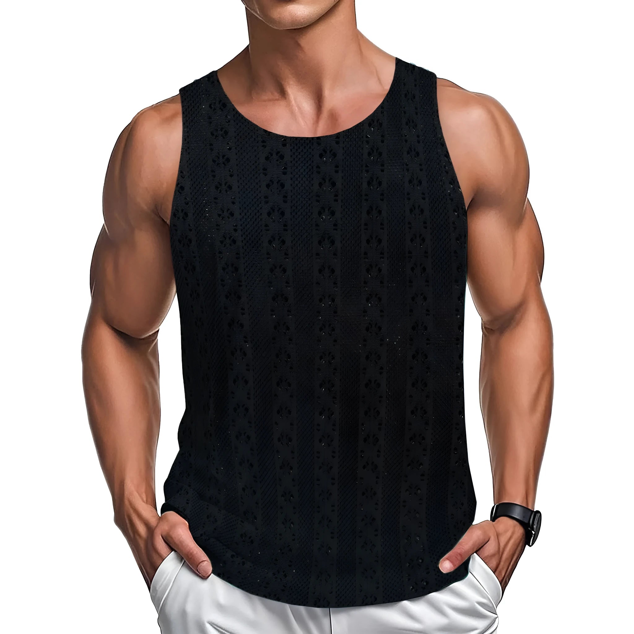 Round neck loose vest in solid colour polyester fibre, available in khaki, white, and black, sizes M to 3XL