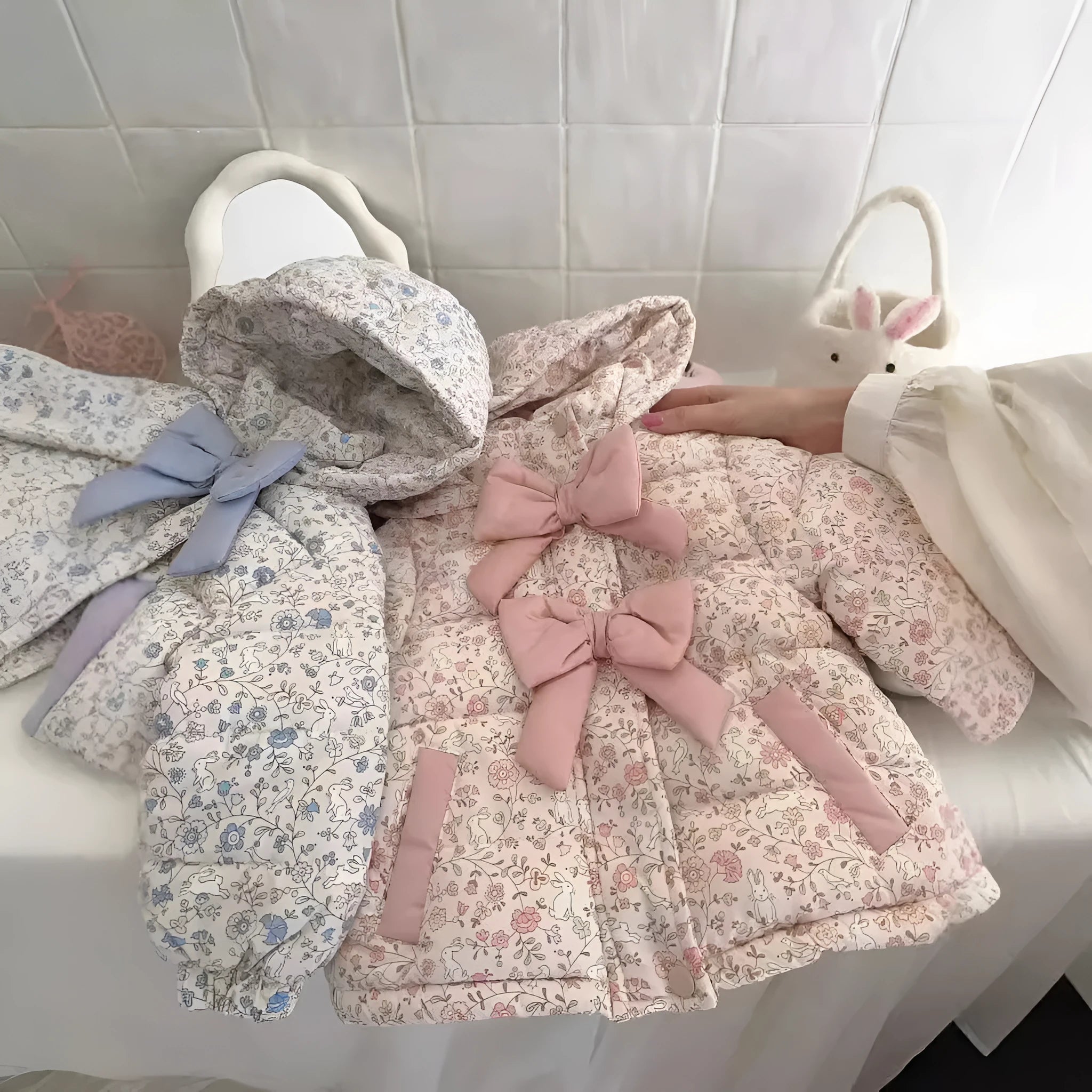 Baby girl floral print hooded winter jacket with bow in blue and white porcelain blue colour