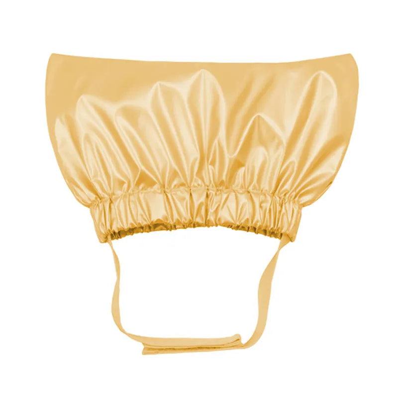 A silver waterproof shower cap for dogs and cats, shown adjusted to fit over pet ears.