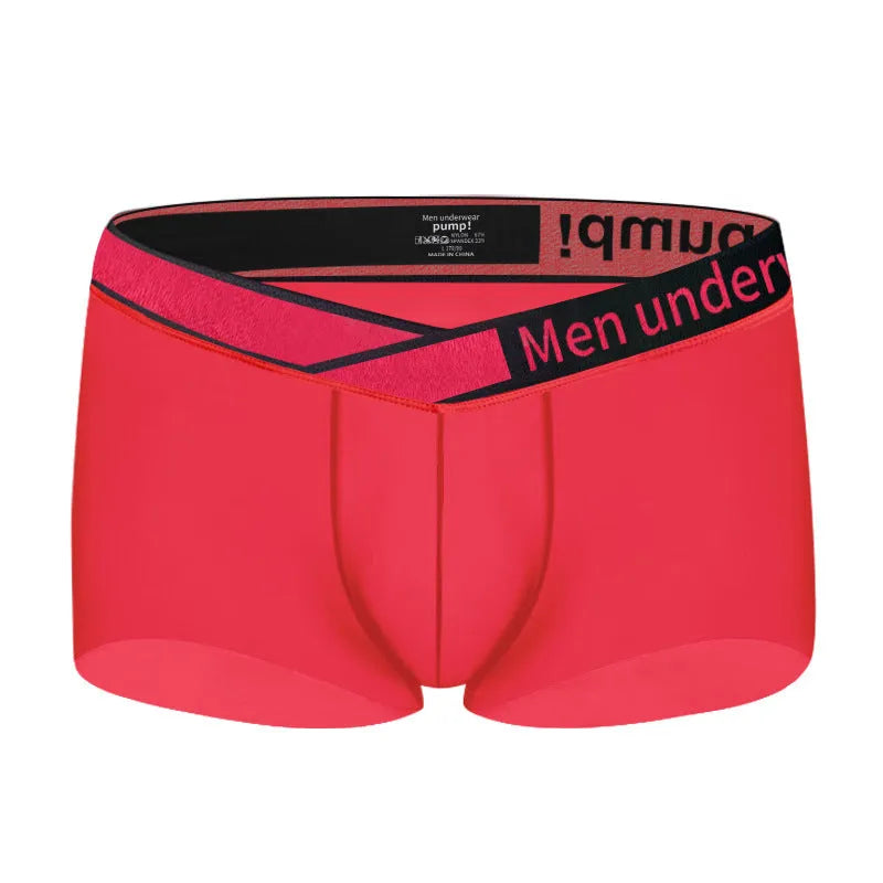 Men's black low waist seamless underwear with a red gradient laser print design on the front