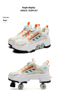 Children's quad roller skates with PU wheels and brake system in beige and orange, side view showing wheel and lace-up boot