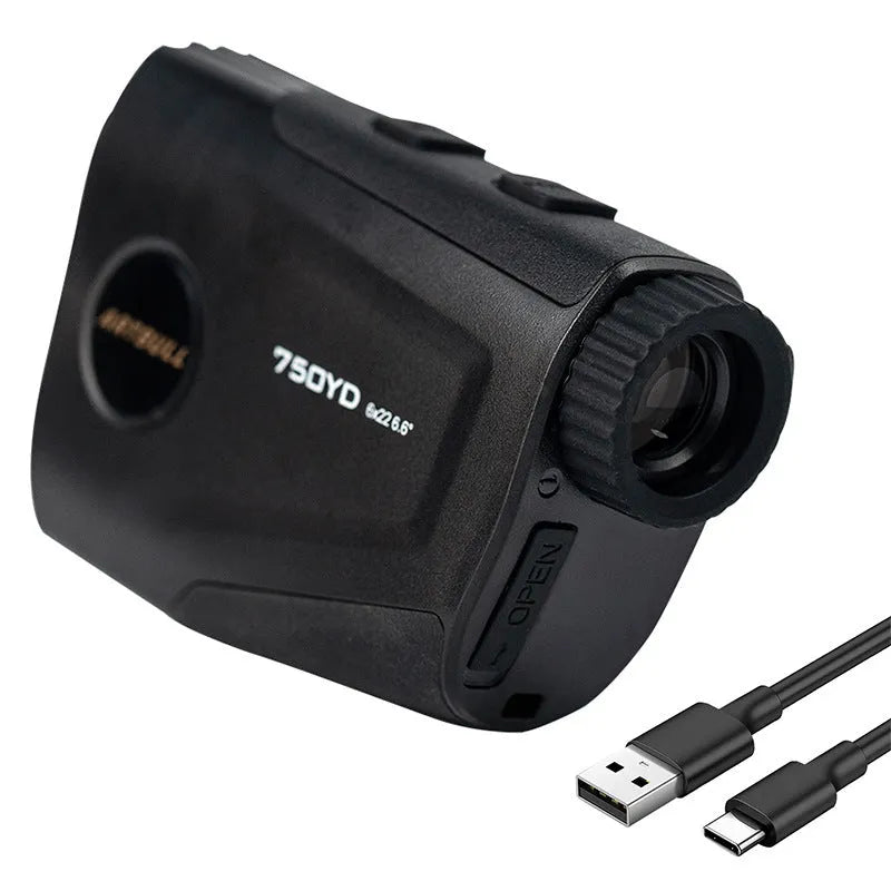 Rechargeable golf laser rangefinder with LCD display showing distance measurement