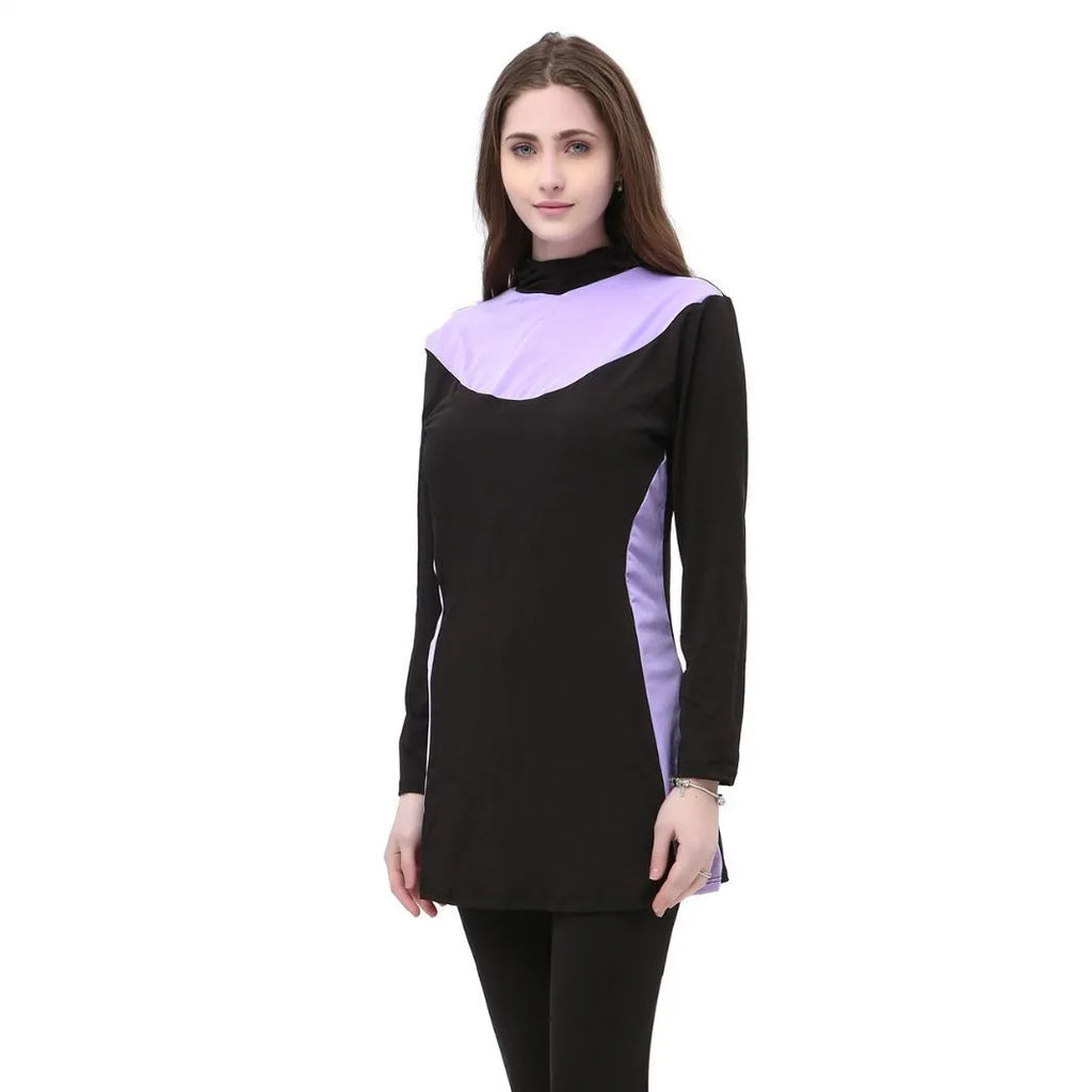 Conservative women's hooded swimsuit with long sleeves in black with rose red colour combination
