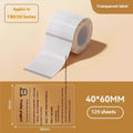 Transparent waterproof adhesive stickers in multiple sizes including rectangular and circular formats on thermal synthetic paper