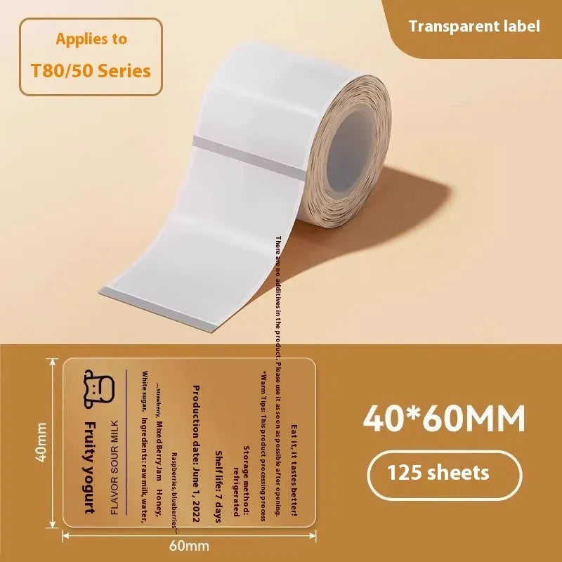 Transparent waterproof adhesive stickers in multiple sizes including rectangular and circular formats on thermal synthetic paper
