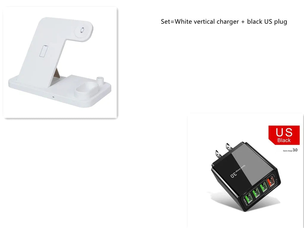 4-in-1 wireless charging station showing iPhone, Apple Watch, AirPods and Apple Pencil charging simultaneously on adjustable stand