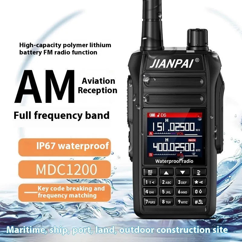 Black Interphone aviation communication headset with microphone, battery, antenna, and charging accessories on a flat surface.