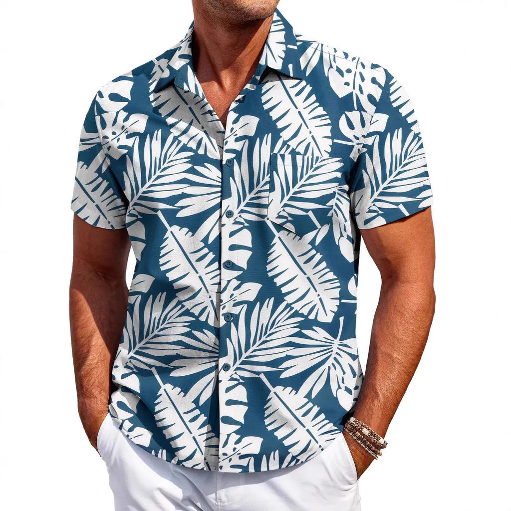A man wearing a slim-fit short-sleeve shirt in a solid colour, showing the cardigan style and elastic fabric.