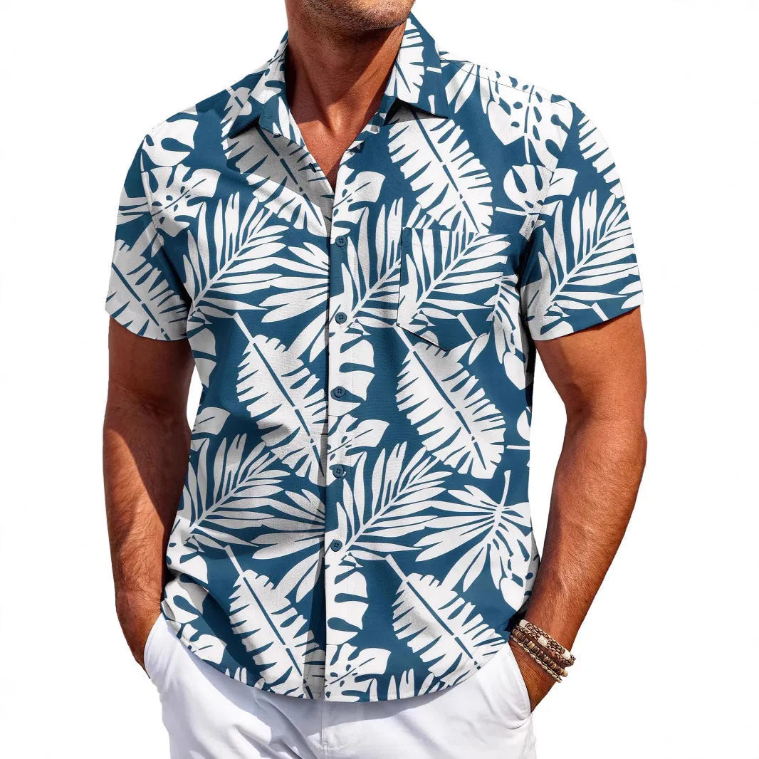 A man wearing a slim-fit short-sleeve shirt in a solid colour, showing the cardigan style and elastic fabric.