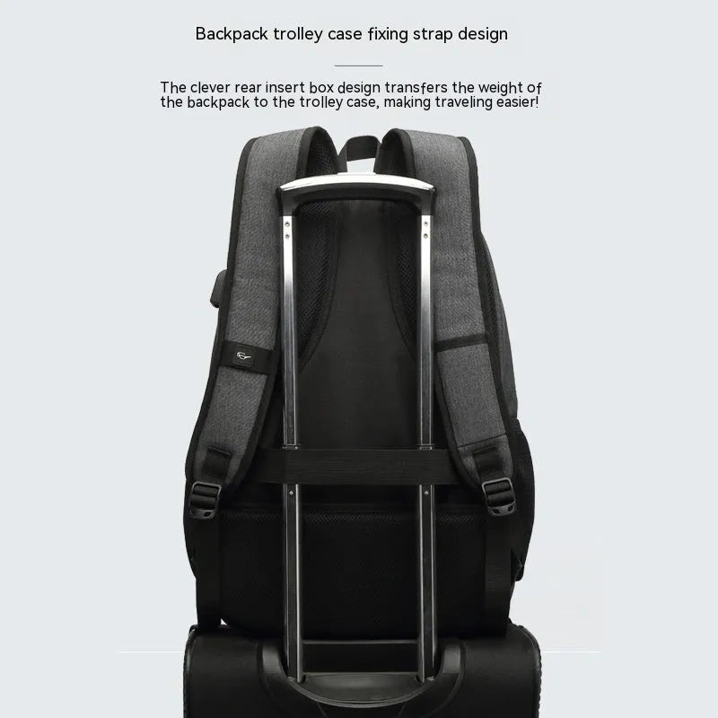 Grey nylon backpack with USB charging port showing dimensions 32cm length by 46cm height