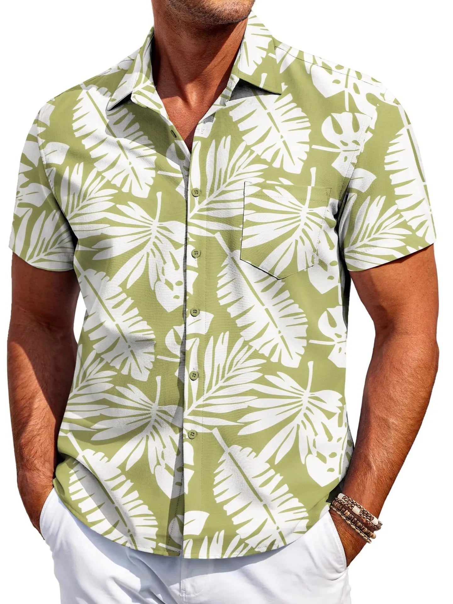 A man wearing a slim-fit short-sleeve shirt in a solid colour, showing the cardigan style and elastic fabric.