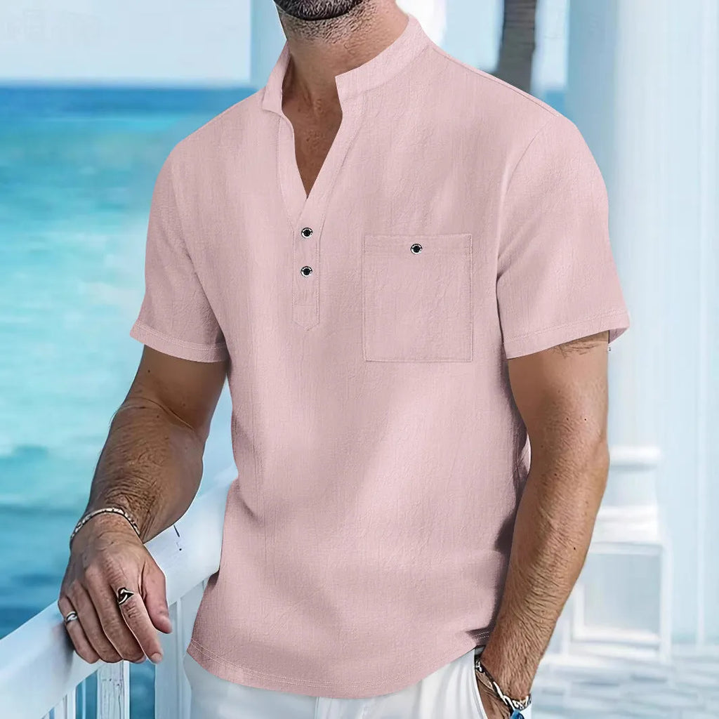 Men's short sleeve linen shirt with stand collar in loose fit, solid colour pullover style