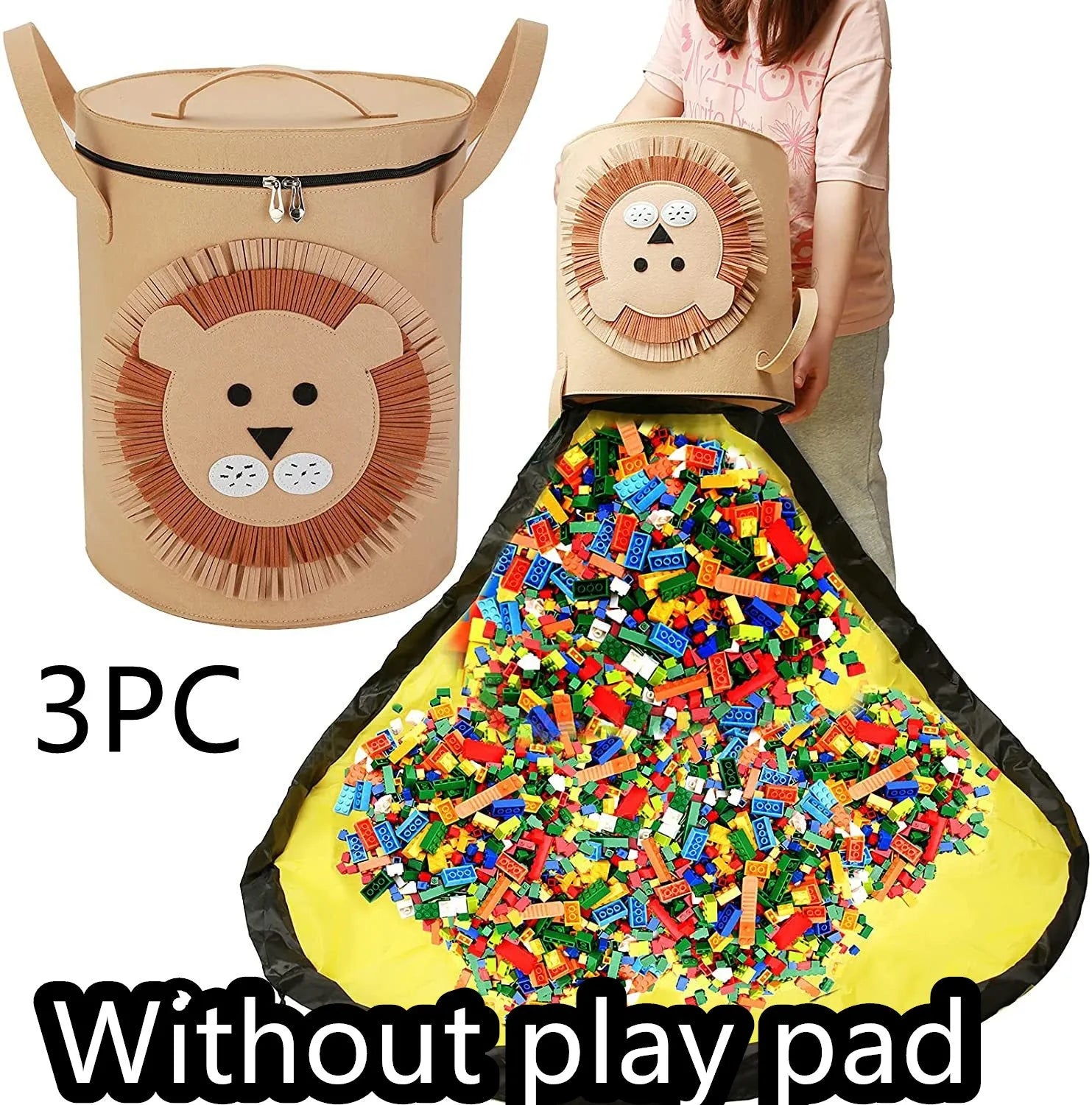 Green cube-shaped felt storage bag with pull rope lying flat as a play mat.