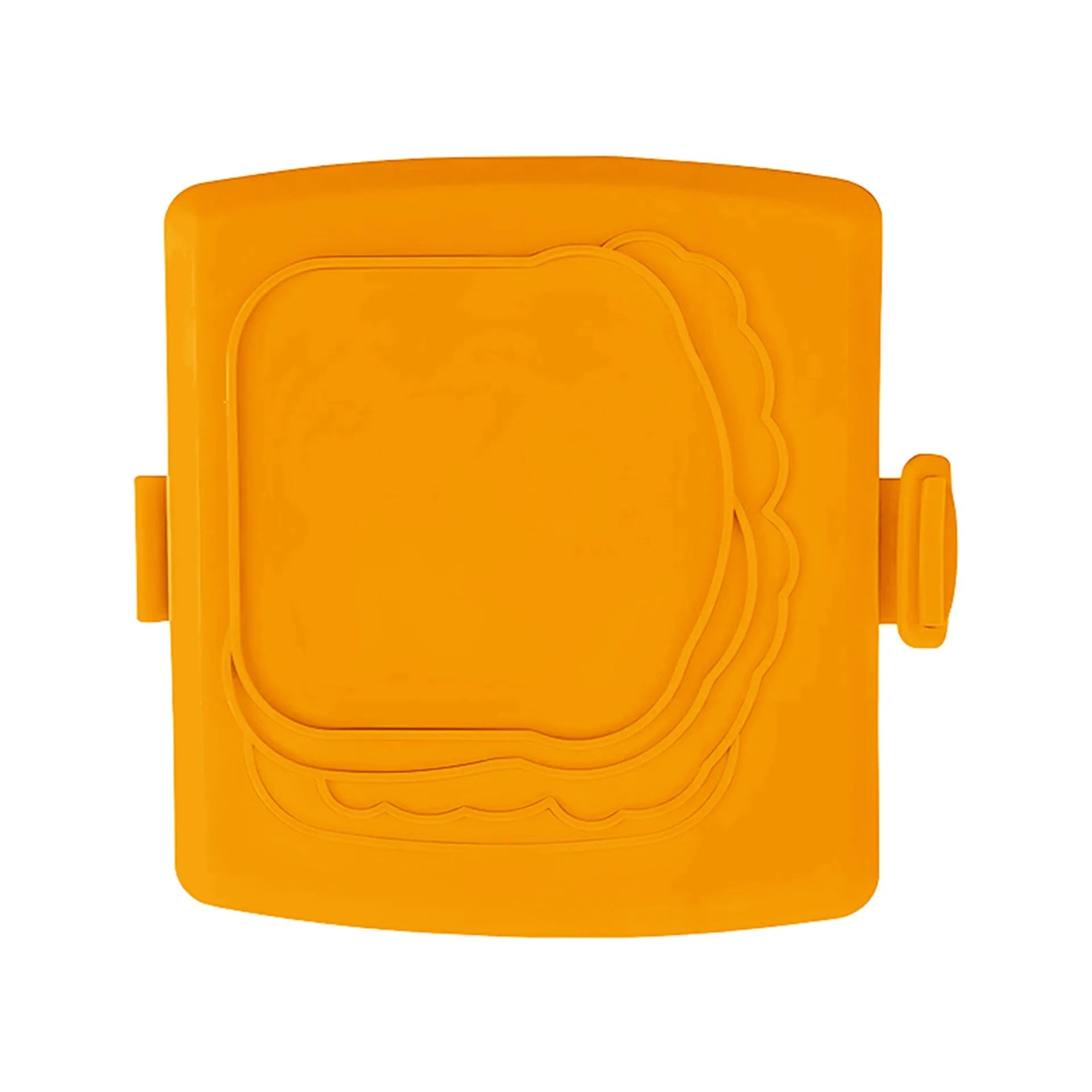Red silicone baking tray with integrated handle and a pair of matching silicone oven gloves on a kitchen counter.