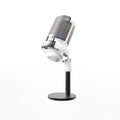 Condenser microphone with RGB lighting in black, white, or pink colours for USB computer recording.