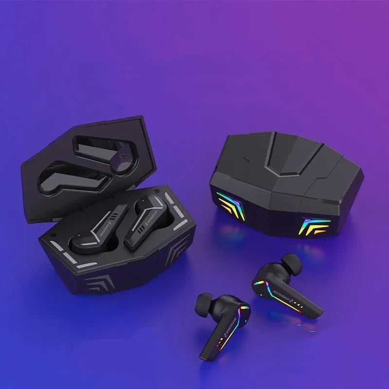 Black wireless TWS earbuds with earplug-style design for sports and gaming use