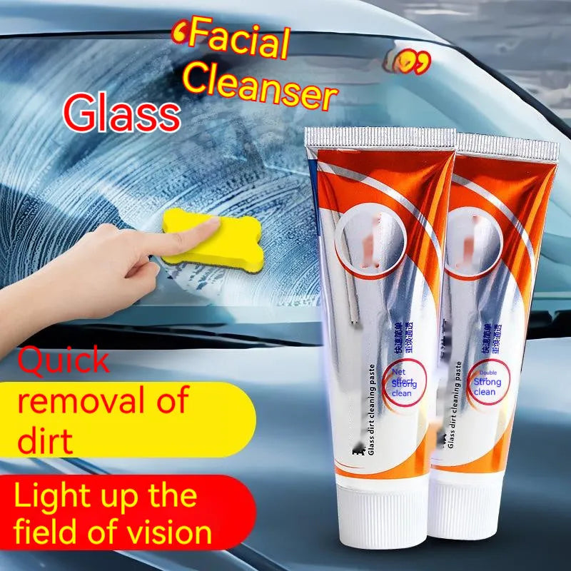 White 65ml tube of car windscreen cleaning paste and a sponge mop for oil stain removal on glass.