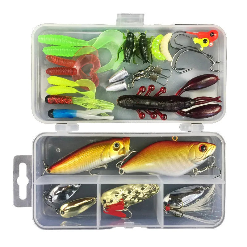 Junior entry-level fishing lure suit set in a hard black PP plastic storage box with multiple lures visible.