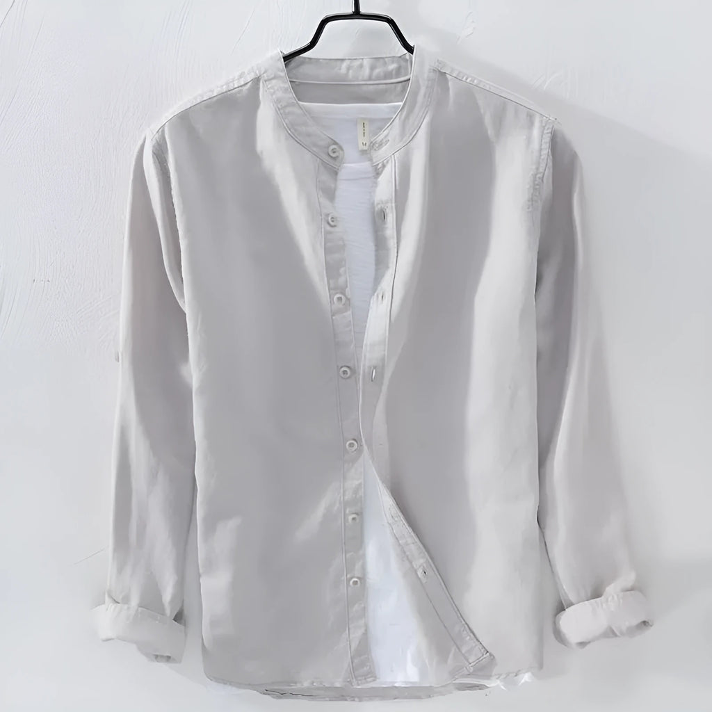 Men's loose long sleeve linen casual shirt in solid colour, shown on a hanger.