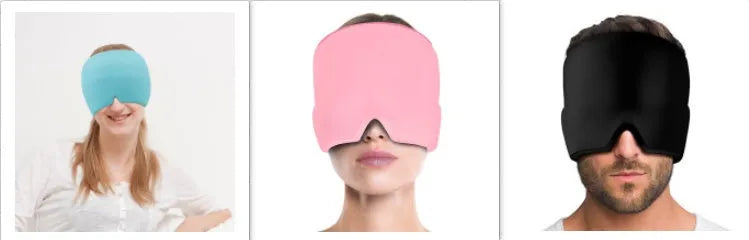 Cold therapy gel eye mask for headache relief in black colour on forehead