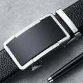 Men's automatic buckle leather belt in gun black, silver, or gold finish showing alloy buckle