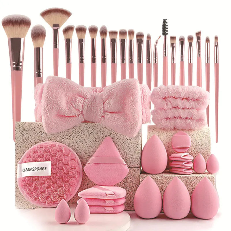 40-piece makeup brush set with hydrophilic non-latex bristles in brown, pink, and purple colour options