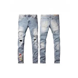 Black slim fit skinny jeans with straight leg, button fly, and manual distressing detail.