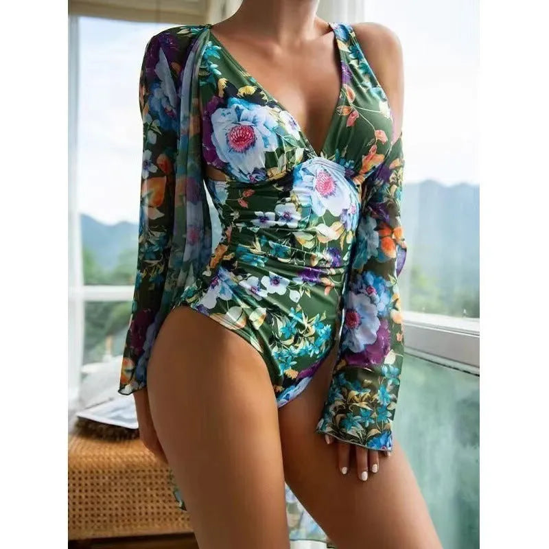 Women's floral bikini three-piece suit with matching coat in seven colour options