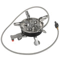 Silver portable folding camping gas stove made of stainless steel and copper with a long black hose.