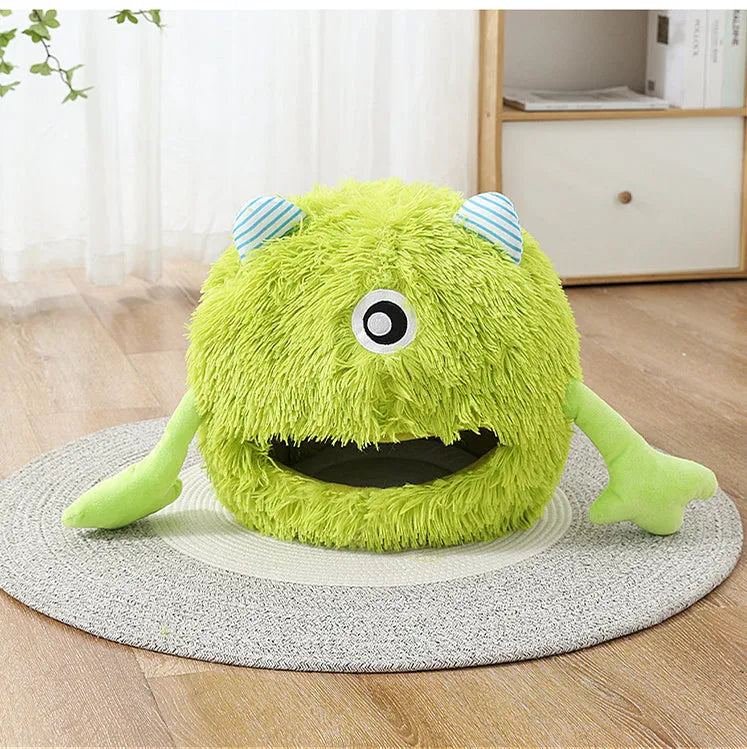 Fluffy round grey cat bed with a non-slip base shown in small, medium, and large sizes.