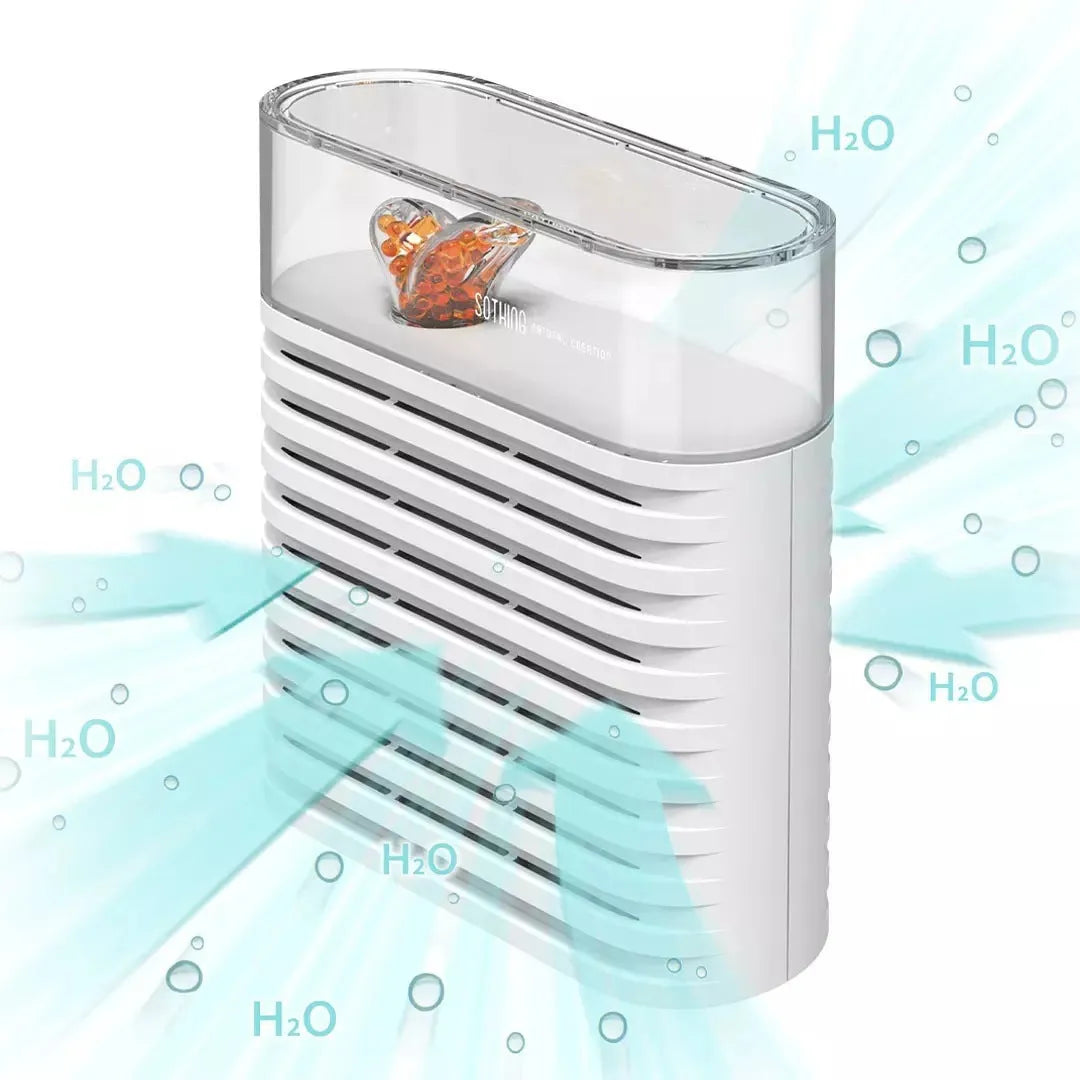 White recyclable cabinet dehumidification box with transparent top showing colour-changing silica gel beads