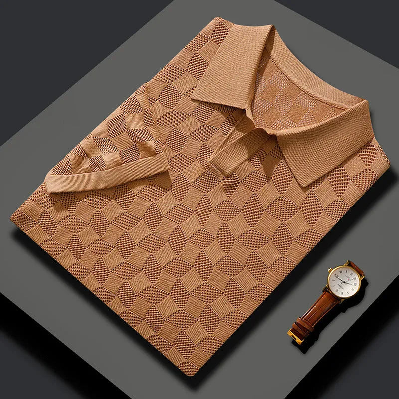 Men's short sleeve mulberry silk sweater with lapels in solid colours: white, black, gray, camel.