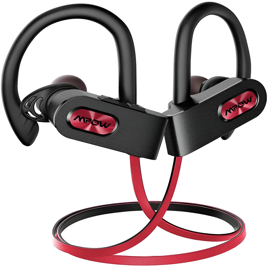 Red hanging ear Bluetooth headset showing earpiece design with wireless connectivity